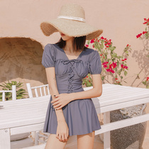 Hot spring swimsuit womens belly cover thin one-piece conservative skirt swimsuit new small chest gathered sexy ins swimsuit