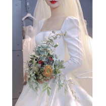 Long sleeve satin light main wedding dress new bride French style simple retro Hepburn Tail 2021 Princess