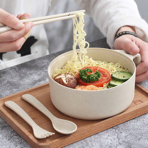 日式大号泡面碗带盖单个碗筷套装小麦秸秆餐具学生宿舍易清洗饭盒