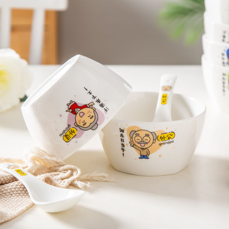 The Parent - child tableware creative express cartoon party bowl of a family of four household single ceramic bowl bowl spoon set family