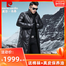 Pierre Cardin first layer cowhide leather down jacket mens middle length collar thick leather leather leather fur coat winter