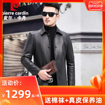 Imported sheep leather men long leather jacket Pierre Cardin leather windbreaker slim men large size leather jacket
