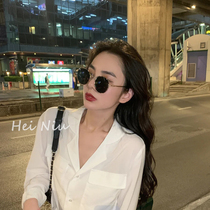 Liu Renna Tongan ink mirror female port Wind dress photo ns retro metal round frame mesh red 100 lapped sunglasses male tide
