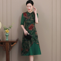 2020 spring and summer new middle-aged and elderly Xiangyun yarn silk dress womens cheongsam skirt printed mulberry silk long skirt