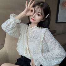 Large size shirt female retro port flavor design sense niche sexy wooden ear mesh chiffon shirt long sleeve shirt spring and summer