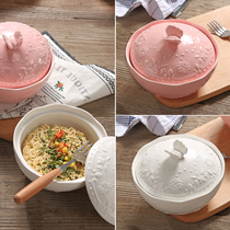With cover butterfly flower embossed foam noodle bowl lace cute Home Ceramic Soup Bowl Fruit Salad for Porridge Can Microwave
