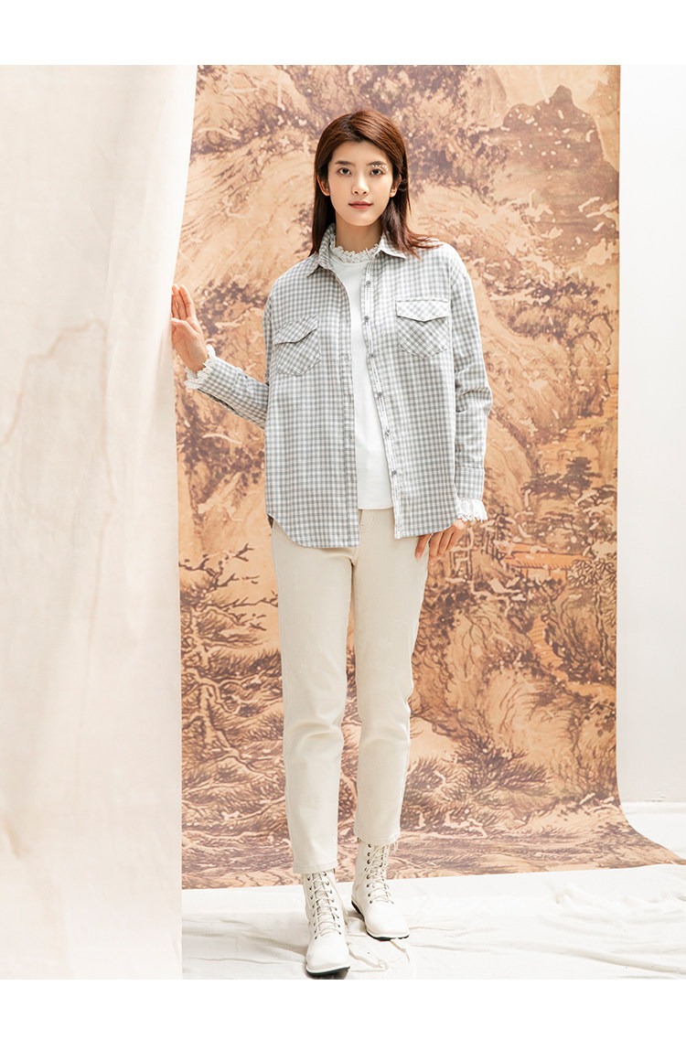 famecoco范可儿格子衬衫长袖外穿衬衣百搭上衣f208ba003