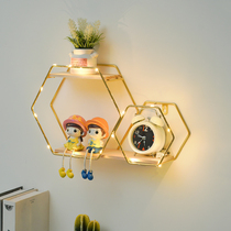 Punch-free wall shelf ins milk tea coffee cosmetics nail shop wall with lamp hexagonal small shelf