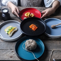 Household round straight side dish plate bright blue tableware flat plate ceramic net red plate simple creative dish plate