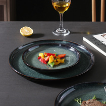 Steak plate Home Kiln vegetable plate Creative flat plate Japanese round light plate Net red ceramic chopped pepper fish head plate