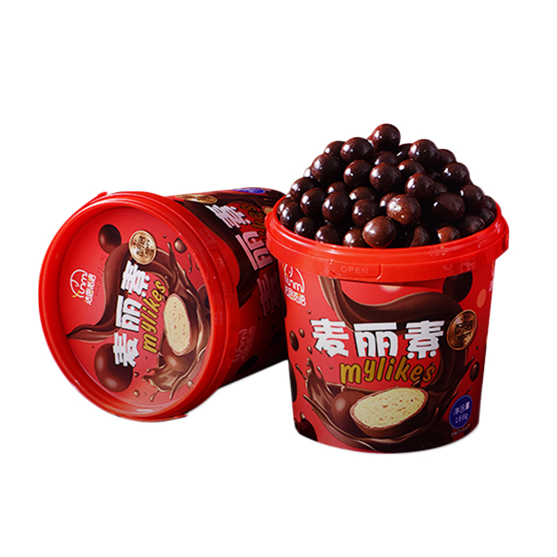 法思觅语麦丽素桶装巧克力豆怀旧儿童朱古力糖果零食