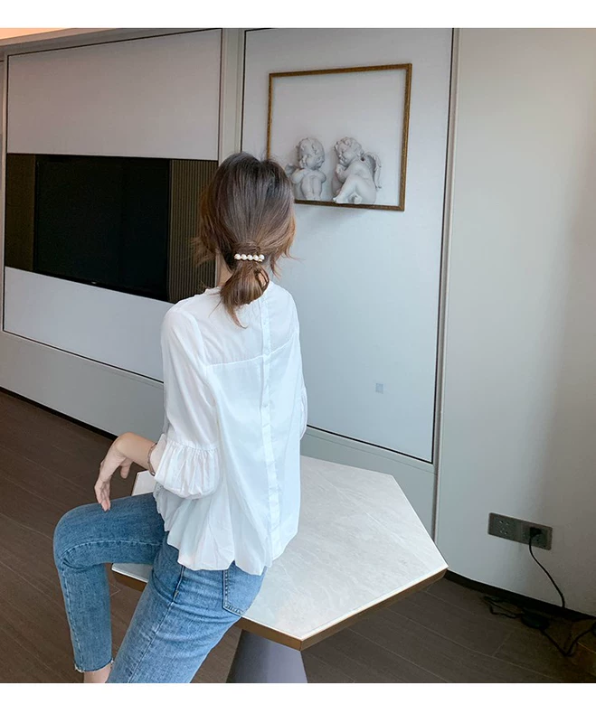 Áo sơ mi voan ngắn tay hàng đầu của phụ nữ mùa hè 2020 mới phong cách nước ngoài đèn lồng tay áo sơ mi ren đầu - Áo sơ mi chiffon ren