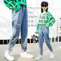 Girls Pants Spring Jeans Foreign Atmosphere Childrens Spring and Autumn Long Pants Girls MiddleTon Fashion Loose Slacks