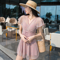 Korean fairy fan one-piece dress hot spring swimsuit 2021 ins Wind slim belly belly steel support gathering swimwear