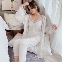 SADO YINER summer thin ice silk pajamas women with chest pad sexy lace suspenders home service three-piece suit