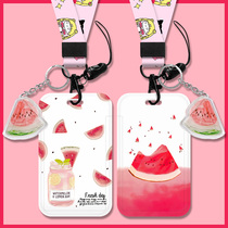 Watermelon cartoon cute girl pick-up kindergarten badge card set work permit bus card set public card set citizen card set student meal card Staff brand traffic subway card protective cover lanyard
