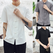 men's summer tang short sleeve vintage chinese style cotton linen buckle shirt mid mountain zen clothing Chinese style men's clothing