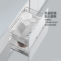 High kitchen cabinet pull basket 304 stainless steel double buffer drawer type Bowl basket kitchen cabinet seasoning storage bowl rack
