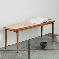 Nordic simple solid wood long stool Household bedroom bed tail stool Rattan woven shoe stool Door bench shoe stool