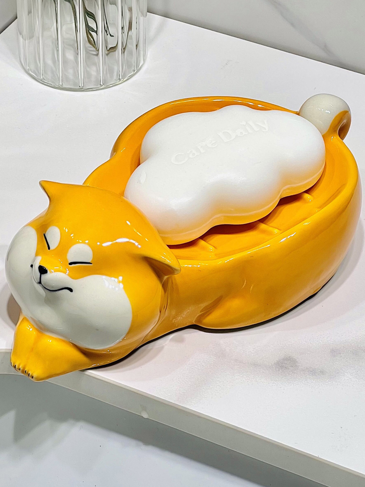 creative ceramic soap box cute corgi soap box storage rack bathroom water-free draining soap dish support