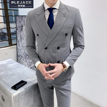 Classic striped double-breasted suit mens three-piece suit Korean slim casual refreshing spring and summer thin suit suit
