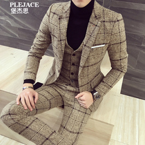 Suit mens suit British style retro plaid suit Three-piece male autumn and winter fur thickened groom wedding suit