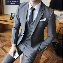 Korean version suit suit Mens three-piece suit work tooling professional dress Groom wedding dress Solid color simple suit