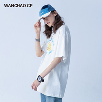 WANCHAO CP smiley face round print T-shirt women solid color Tide brand couple short sleeve oversize loose half sleeve
