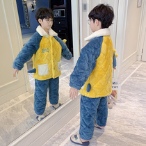 Childrens pajamas winter thickened boys flannel three-layer cotton plus velvet big children coral velvet Tibetan home clothing