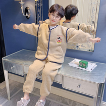Boys pajamas Autumn and winter flannel boys home clothes middle and big children thick children coral velvet kacci suit
