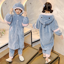 Childrens flannel pajamas winter girls coral velvet thickened suit girl home clothing lake blue powder Tide