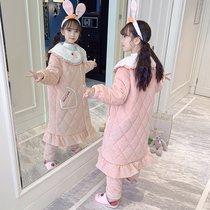 Childrens pajamas winter coral velvet three-layer cotton thickened warm girl baby flannel striped home clothing