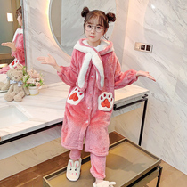 Childrens pajamas autumn and winter plus velvet thickened coral fleece girl flannel home clothing girl robe set