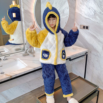 Childrens pajamas winter thickened children plus velvet boy coral velvet three-layer cotton autumn and winter flannel