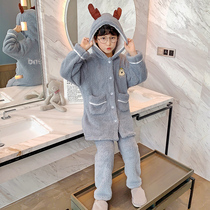 Childrens pajamas for boys coral velvet autumn and winter plus velvet thickened boys home clothes middle and large children flannel winter