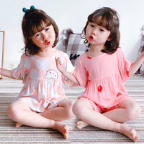 Summer childrens silk pajamas girls short-sleeved shorts suit cotton silk girls little princess baby thin home wear