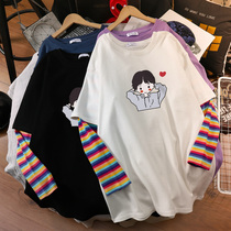 Korean Version Pregnancy Woman Dress Spring Autumn Pure Cotton Loose Round Collar Casual Big Code Spicy Mother 100 Hitch Fashion Long Sleeve Fake two T-shirts