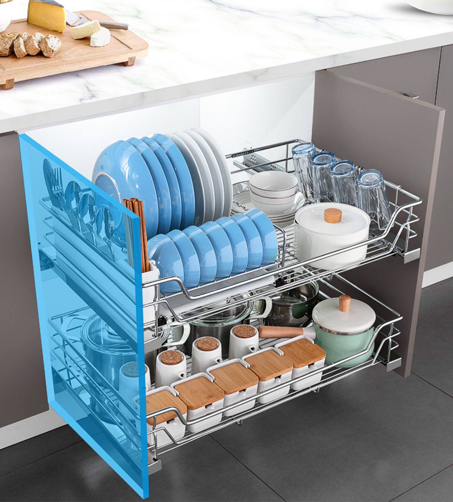 拉篮厨房橱柜304不锈钢双层抽屉式碗架碗篮厨柜内置物架碗碟拉篮