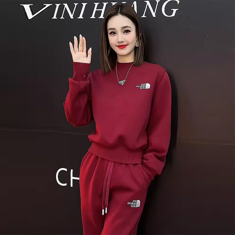 Pop Fashion Casual Sports Suit Women Autumn Winter Minus Age Red Ocean Gas Round Collar Acropolis Wear a whole set of-Taobao