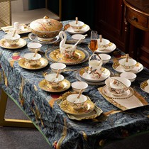 (Happy on the branch) 70-piece set of bone china for the royal court with gold-painted and painted enamel color tableware