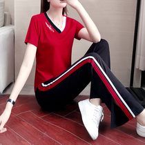 Sportswear woman suit 2022 Summer ice silk loose with slim short sleeves Fashion foreign air wide leg casual wear two sets