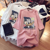 Pure cotton short sleeve T-shirt female medium long section Korean version big code loose casual Tang old duck printed blouse half sleeve summer tide