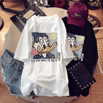 Short sleeve t-shirt female medium long version Korean version Lazy Wind Loose Casual Cartoon Pure Cotton Blouse Summer Half Sleeve Compassionate Tide