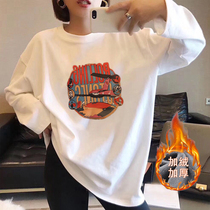 2021 Korean version of autumn and winter plus suede white loose long sleeve printed pure cotton 100 hitch undershirt T-shirt womens coat tide