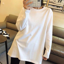 White long sleeve t-shirt woman pure cotton inside hitch undershirt with long and hip casual 100 lap collar blouses for spring and autumn