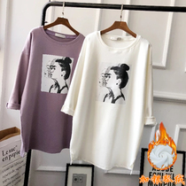Pure cotton long sleeve T-shirt Women in Korean version Loose Ins Add down Thickened Beating Undershirt Mid-Autumn Winter Big Code Blouse