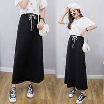 Over-the-knee skirt womens summer 2021 thin high waist thin mid-length a-line skirt black cotton skirt