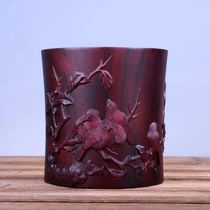Rose red sandalwood bird map solid wood mahogany pen holder high-end embossed four treasures of the study table top decoration