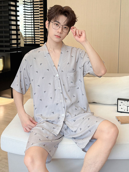 2025 New Cotton Silk Pajamas 남자 여름 여름 얇은 짧은 슬류 느슨 2025 New Cotton Silk Pajamas 남자 여름 여름 얇은 짧은 슬류 느슨
