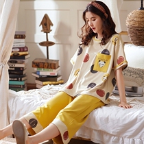 Summer pajamas womens big childrens short-sleeved 7 three-point pants thin cotton small high school junior high school students two-piece suit